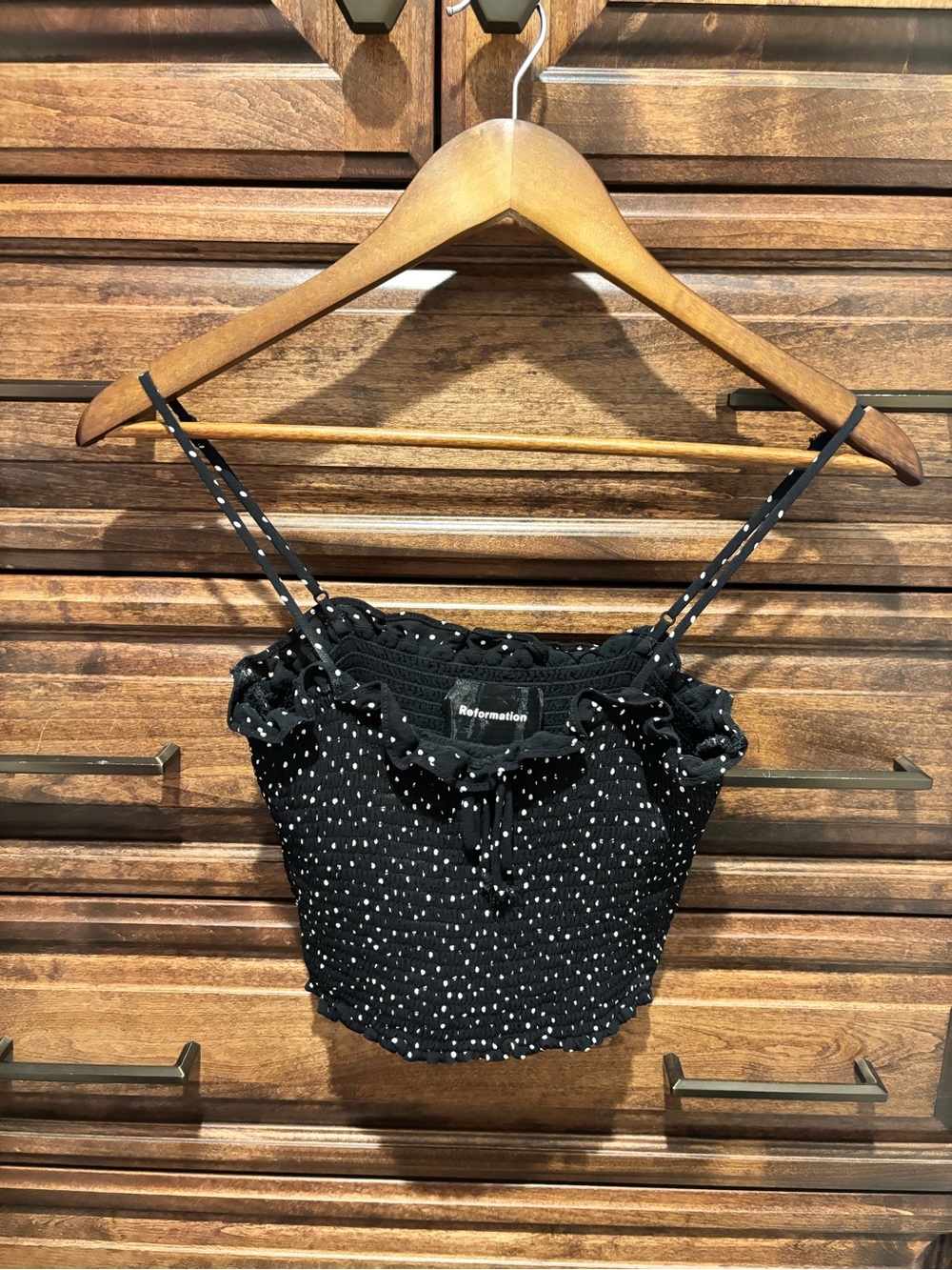 Reformation Black & White Polka Dot Smocked Cropped Cami - Carlotta Top